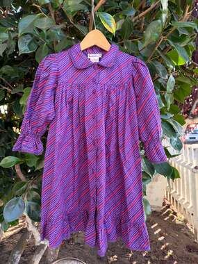 Vintage Cornelloki  Purple and Red Striped Prairie Dress with Collar